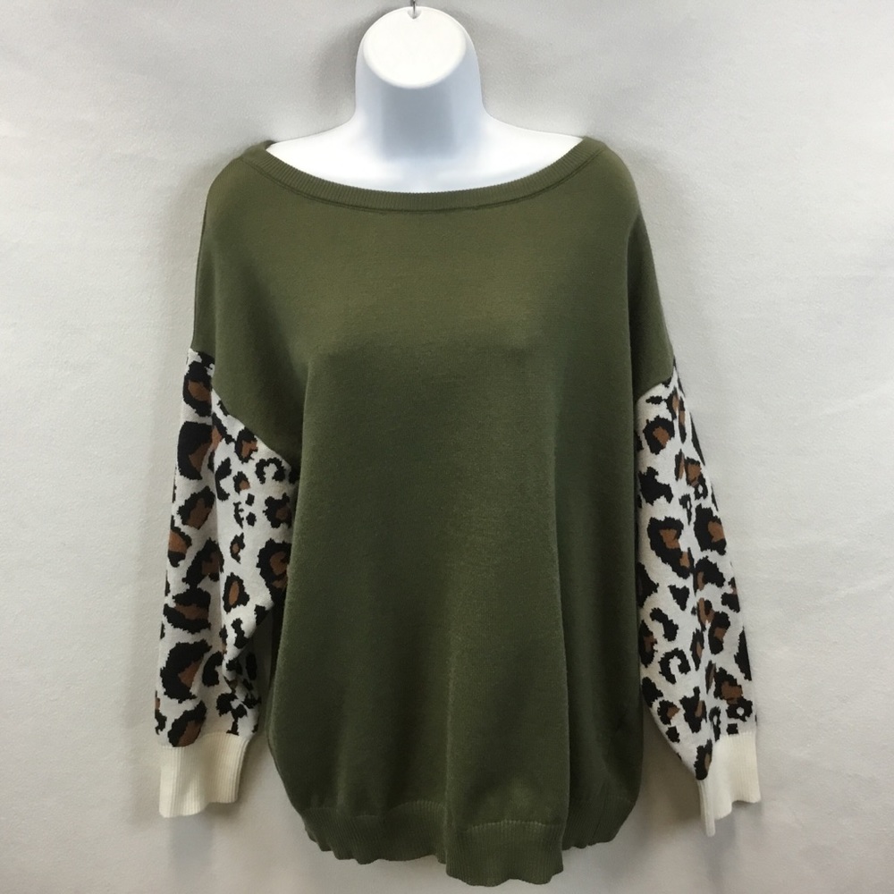 Luna Tuccini Green Knit Sweater with Animal Print Sleeves